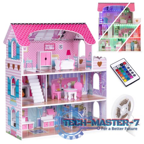 Drewniany domek dla lalek z oświetleniem LED + zestaw mebelków ECOTOYS ECOTOYS Drewniany domek dla lalek z oświetleniem LED + zestaw mebelków ECOTOYS ECOTOYS
