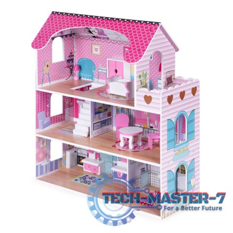 Drewniany domek dla lalek z oświetleniem LED + zestaw mebelków ECOTOYS ECOTOYS Drewniany domek dla lalek z oświetleniem LED + zestaw mebelków ECOTOYS ECOTOYS