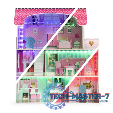 Drewniany domek dla lalek z oświetleniem LED + zestaw mebelków ECOTOYS ECOTOYS Drewniany domek dla lalek z oświetleniem LED + zestaw mebelków ECOTOYS ECOTOYS