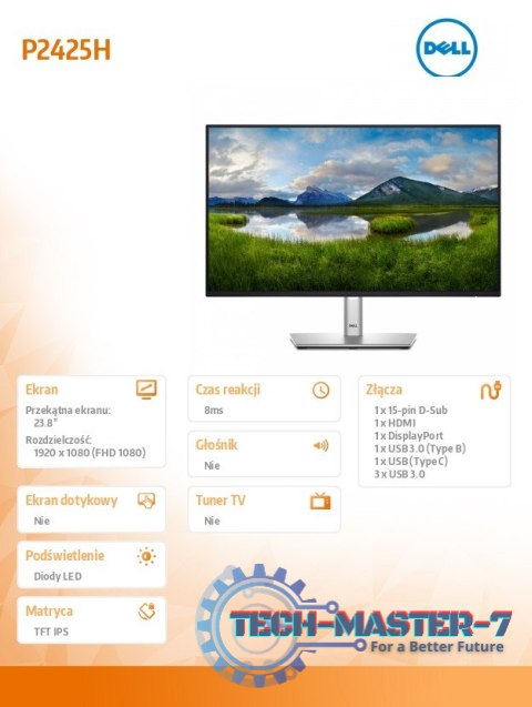 Monitor 24 cale P2425H LED IPS 1920x1080/16:9/DP/VGA/HDMI/USB/3Y Monitor 24 cale P2425H LED IPS 1920x1080/16:9/DP/VGA/HDMI/USB/3Y