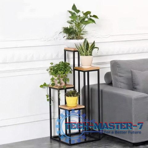Kwietnik regał na kwiaty ozdoby 4 półki metal MDF jasny orzech ModernHome ModernHome Kwietnik regał na kwiaty ozdoby 4 półki metal MDF jasny orzech ModernHome ModernHome
