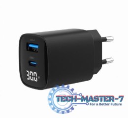 Ładowarka GaN 1xUSB-A 1xUSB-C LCD 30W PD QC3.0 czarna