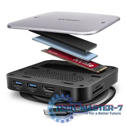 HMC-UFO Wieloportowy hub USB 9in1, 10Gbps, 2x USB-A, HDMI 4K/60Hz, M.2 NVMe/SATA, audio, PD 100W, SD/microSD, GLAN, 65cm USB-C k
