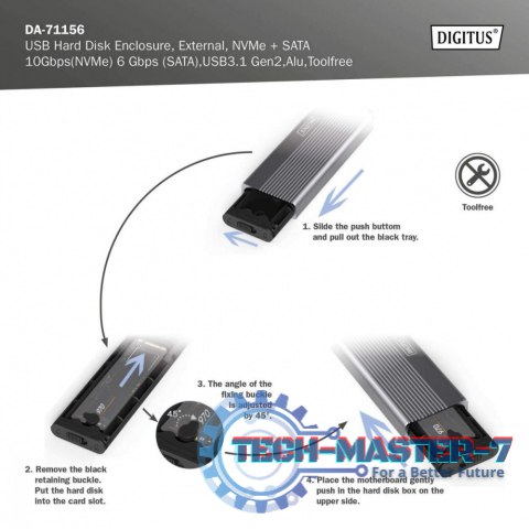 Obudowa USB 3.1 Typ C na dysk SSD M.2 NVMe 10 Gbps + SATA 6 Gbps aluminiowa, beznarzędziowa Obudowa USB 3.1 Typ C na dysk SSD M.2 NVMe 10 Gbps + SATA 6 Gbps aluminiowa, beznarzędziowa