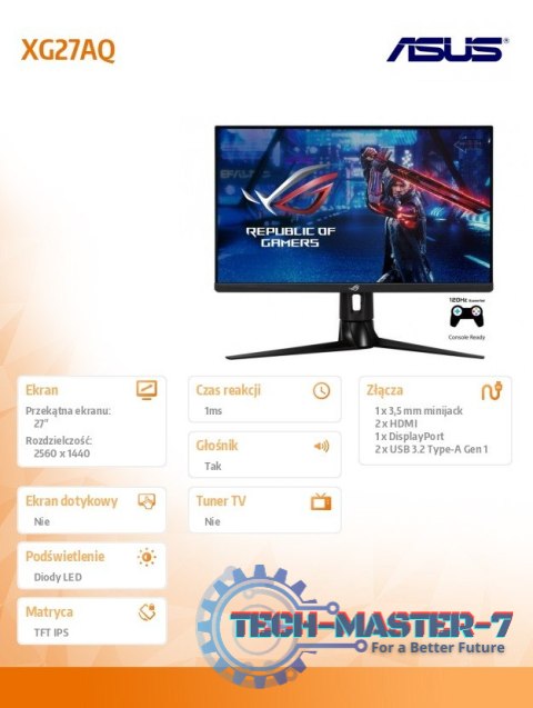 Monitor 27 cali XG27AQ ROG STRIX WQHD IPS 170Hz 1mGTG HDMIx2 DP USB3.0 Głośnik PIVOT Monitor 27 cali XG27AQ ROG STRIX WQHD IPS 170Hz 1mGTG HDMIx2 DP USB3.0 Głośnik PIVOT