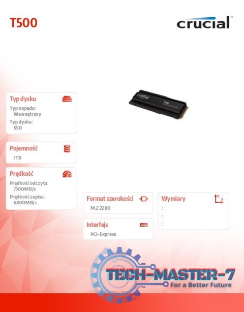 Dysk T500 1TB M.2 NVMe 2280 PCIe 4.0 7300/6800 Dysk T500 1TB M.2 NVMe 2280 PCIe 4.0 7300/6800