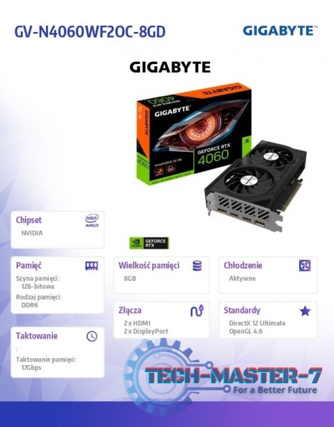 Karta graficzna GeForce RTX 4060 WINDFORCE OC 8G GDDR6 128bit 2DP Karta graficzna GeForce RTX 4060 WINDFORCE OC 8G GDDR6 128bit 2DP