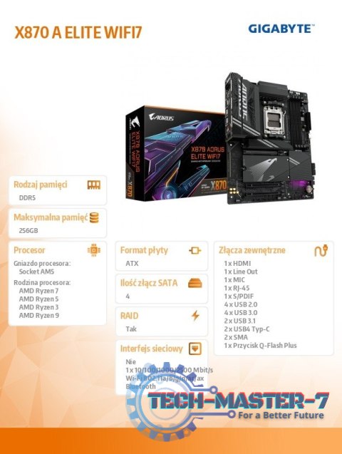 Płyta główna X870 A ELITE WIFI7 AM5 4DDR5 HDMI/USB-C ATX Płyta główna X870 A ELITE WIFI7 AM5 4DDR5 HDMI/USB-C ATX