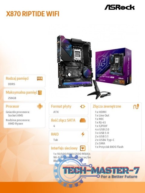 Płyta główna X870 RIPTIDE WIFI 4DDR5 M.2 ATX Płyta główna X870 RIPTIDE WIFI 4DDR5 M.2 ATX