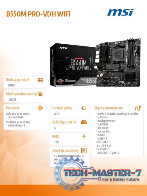 Płyta główna B550M PRO-VDH WIFI AM4 4DDR4 HDMI/DP/VGA M.2 mATX Płyta główna B550M PRO-VDH WIFI AM4 4DDR4 HDMI/DP/VGA M.2 mATX
