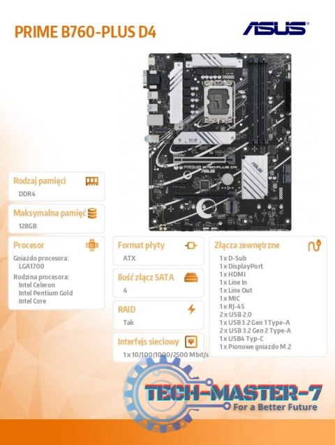 Płyta główna PRIME B760-PLUS D4 s1700 4DDR4 ATX Płyta główna PRIME B760-PLUS D4 s1700 4DDR4 ATX