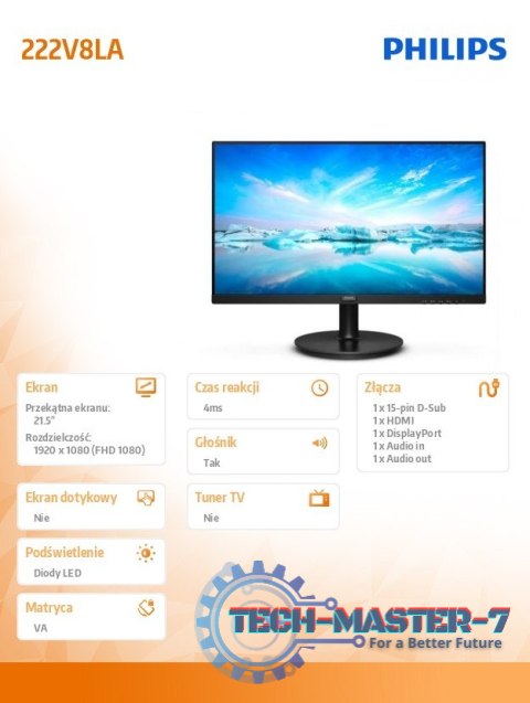 Monitor 222V8LA 21.5 cala VA HDMI DP Głośniki Monitor 222V8LA 21.5 cala VA HDMI DP Głośniki