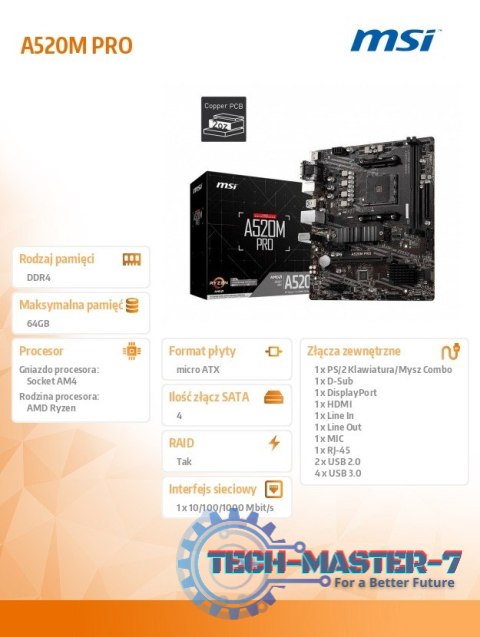 Płyta główna A520M PRO AM4 2DDR4 DP/VGA/HDMI USB 3.2 mATX Płyta główna A520M PRO AM4 2DDR4 DP/VGA/HDMI USB 3.2 mATX