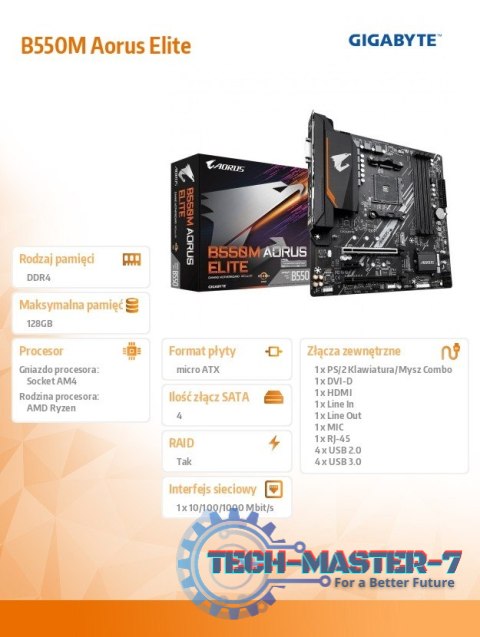 Płyta główna B550M AORUS ELITE AM4 4DDR4 2HDMI/DVI-D mATX Płyta główna B550M AORUS ELITE AM4 4DDR4 2HDMI/DVI-D mATX