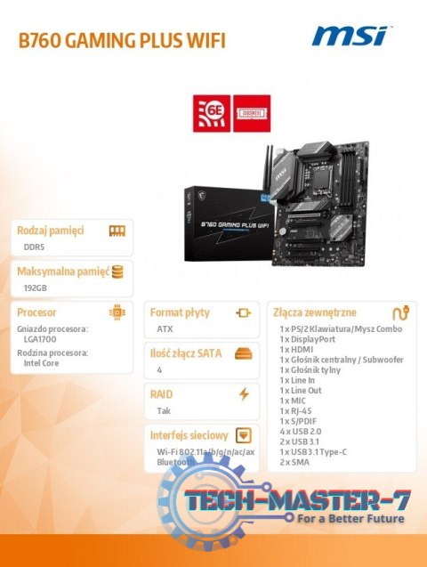 Płyta główna B760 GAMING PLUS WIFI s1700 4DDR5 DP/HDMI ATX Płyta główna B760 GAMING PLUS WIFI s1700 4DDR5 DP/HDMI ATX