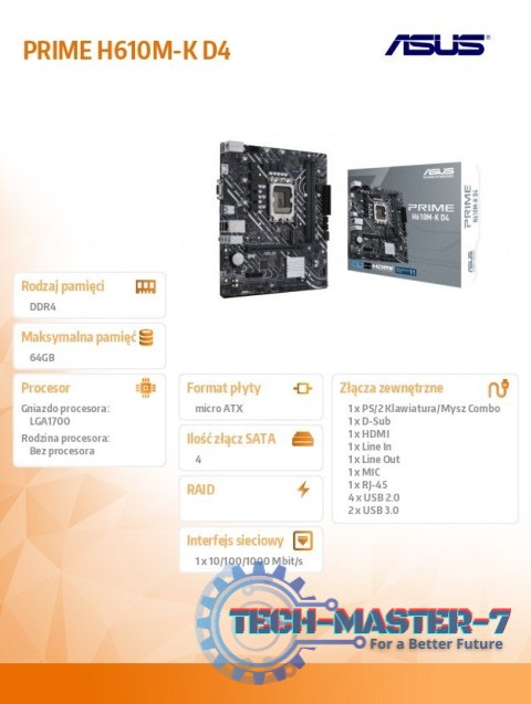 Płyta główna PRIME H610M-K D4 s1700 2DDR4 D-Sub/HDMI M.2 mATX Płyta główna PRIME H610M-K D4 s1700 2DDR4 D-Sub/HDMI M.2 mATX