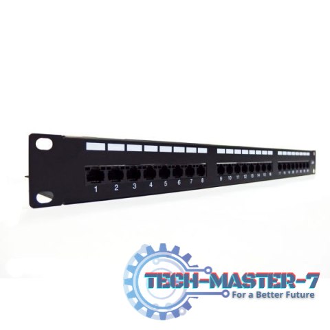 Patch panel 19" 24 porty, kat.6, U/UTP, 1U, wspornik kablowy, czarny (kompletny) Patch panel 19" 24 porty, kat.6, U/UTP, 1U, wspornik kablowy, czarny (kompletny)