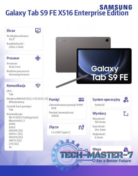 Tablet Galaxy Tab S9 FE (10.9 cala, 6+128GB S pen, 5G) Enterprise Edition Szary Tablet Galaxy Tab S9 FE (10.9 cala, 6+128GB S pen, 5G) Enterprise Edition Szary