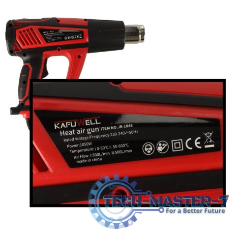 KAFUWELL Opalarka elektryczna z regulacja tempratury 0-600 st. C przepływ powietrza 300-500 l/min + 4 wymienne końcówki 1850W KAFUWELL Opalarka elektryczna z regulacja tempratury 0-600 st. C przepływ powietrza 300-500 l/min + 4 wymienne końcówki 1850W