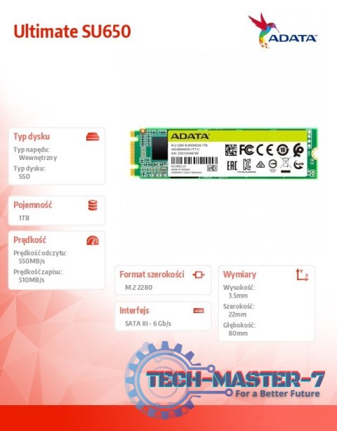 Dysk SSD Ultimate SU650 1TB M.2 2280 TLC 3D SATA Dysk SSD Ultimate SU650 1TB M.2 2280 TLC 3D SATA