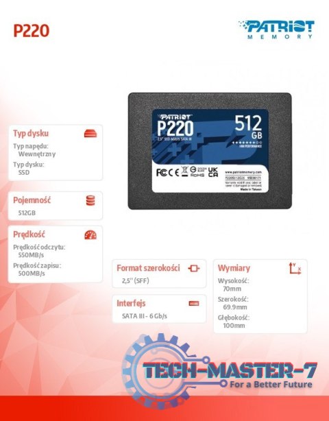 Dysk SSD 512GB P220 550/500MB/s SATA III 2.5 cala Dysk SSD 512GB P220 550/500MB/s SATA III 2.5 cala