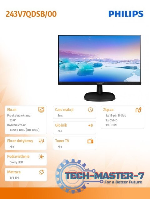Monitor 23.8 243V7QDSB IPS DVI HDMI Czarny Monitor 23.8 243V7QDSB IPS DVI HDMI Czarny