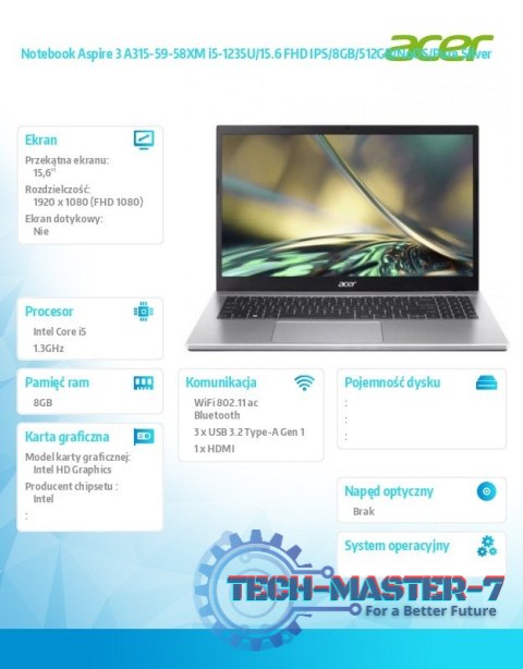 Notebook Aspire 3 A315-59-58XM i5-1235U/15.6 FHD IPS/8GB/512GB/NoOS/Pure Silver Notebook Aspire 3 A315-59-58XM i5-1235U/15.6 FHD IPS/8GB/512GB/NoOS/Pure Silver
