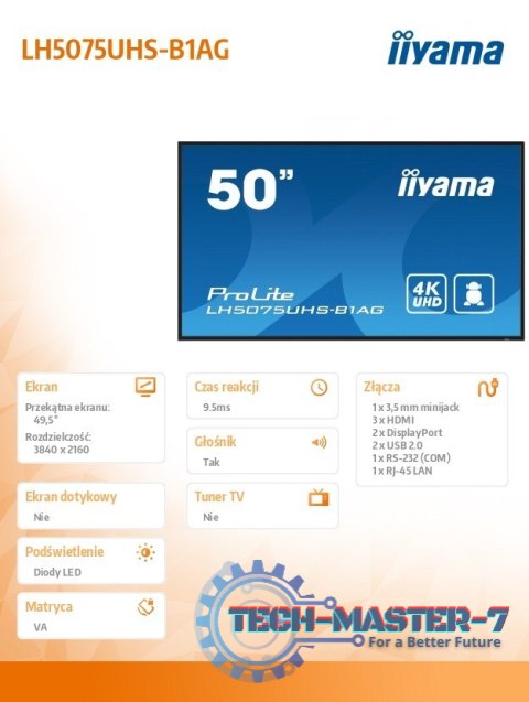Monitor 50 cali LH5075UHS-B1AG,24/7,VA,ANDROID.11,4K,3xHDMI,DP,RJ45, 2xUSB,2x10W Monitor 50 cali LH5075UHS-B1AG,24/7,VA,ANDROID.11,4K,3xHDMI,DP,RJ45, 2xUSB,2x10W