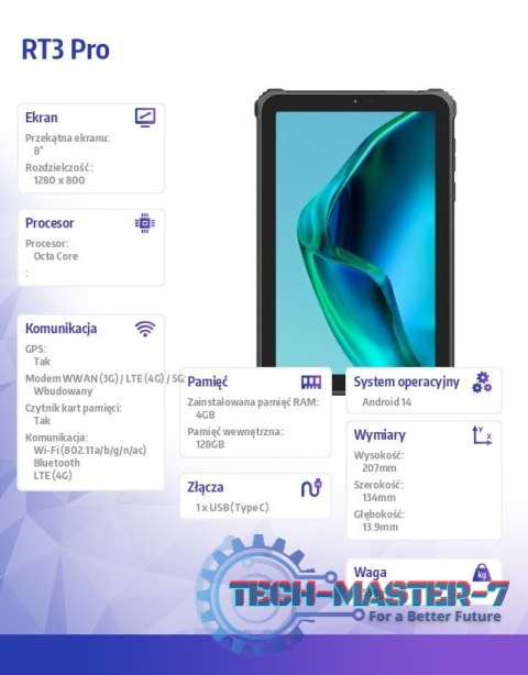 Tablet RT3 Pro 4G 8 cali 4/128GB Rugged Zielony Tablet RT3 Pro 4G 8 cali 4/128GB Rugged Zielony
