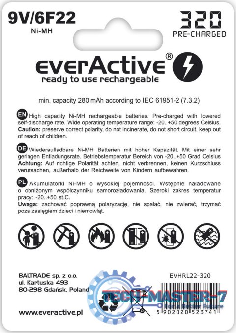 Baterie EVERACTIVE NiMH PP3 (9V, 6LR61, 6F22, 6R61) 320mAh Blister EVHRL22-320 Baterie EVERACTIVE NiMH PP3 (9V, 6LR61, 6F22, 6R61) 320mAh Blister EVHRL22-320