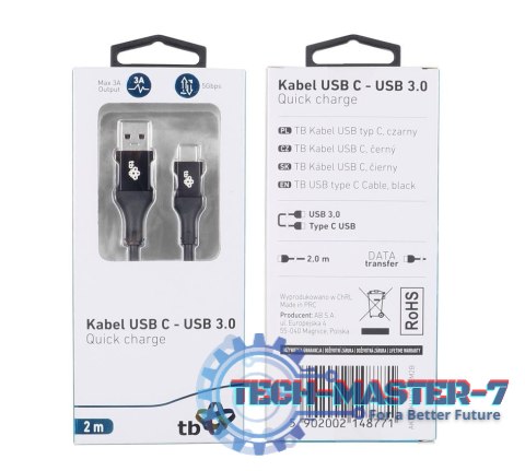 Kabel USB 3.0 - USB C 2m PREMIUM 3A czarny TPE Kabel USB 3.0 - USB C 2m PREMIUM 3A czarny TPE