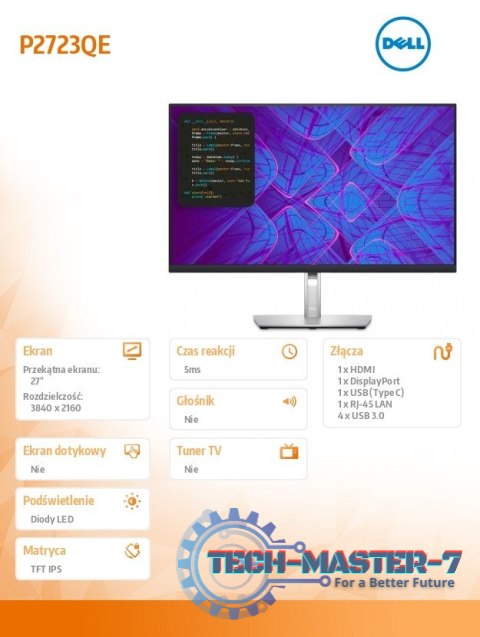 Monitor P2723QE 27 cali IPS LED 4K (3840x2160)/16:9/HDMI/DP/USB-C/4xUSB 3.2 /RJ45/3Y AES Monitor P2723QE 27 cali IPS LED 4K (3840x2160)/16:9/HDMI/DP/USB-C/4xUSB 3.2 /RJ45/3Y AES