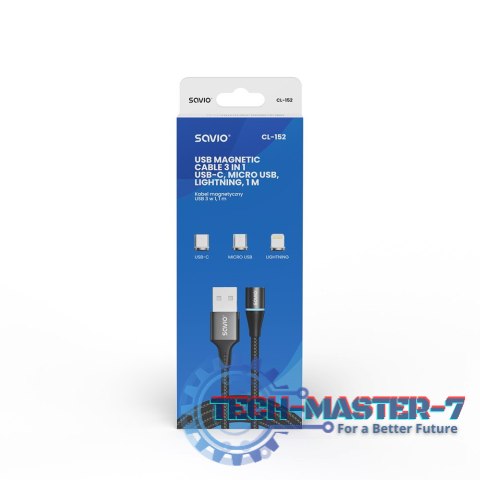 Kabel magnetyczny USB - USB typ C, Micro i Lightning, czarny, 1m, CL-152 Kabel magnetyczny USB - USB typ C, Micro i Lightning, czarny, 1m, CL-152