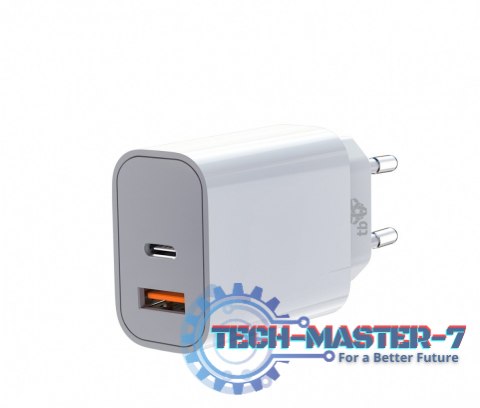 Ładowarka sieciowa 2x3A USB C + USB A Power Delivery biała Ładowarka sieciowa 2x3A USB C + USB A Power Delivery biała