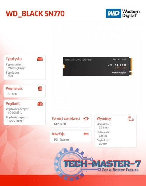 Dysk SSD WD Black 500GB SN770 NVMe 2280 M2 WDS500G3X0E Dysk SSD WD Black 500GB SN770 NVMe 2280 M2 WDS500G3X0E