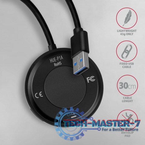 HUE-P1A Hub 4-portowy USB 3.2 Gen 1 round, 30cm USB-A kabel, microUSB dodatkowe zasilanie HUE-P1A Hub 4-portowy USB 3.2 Gen 1 round, 30cm USB-A kabel, microUSB dodatkowe zasilanie