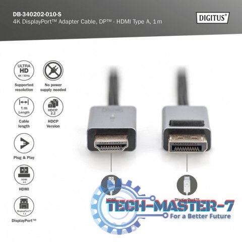 Kabel adapter DisplayPort - HDMI 4K 30Hz DP/HDMI M/M 1m Kabel adapter DisplayPort - HDMI 4K 30Hz DP/HDMI M/M 1m