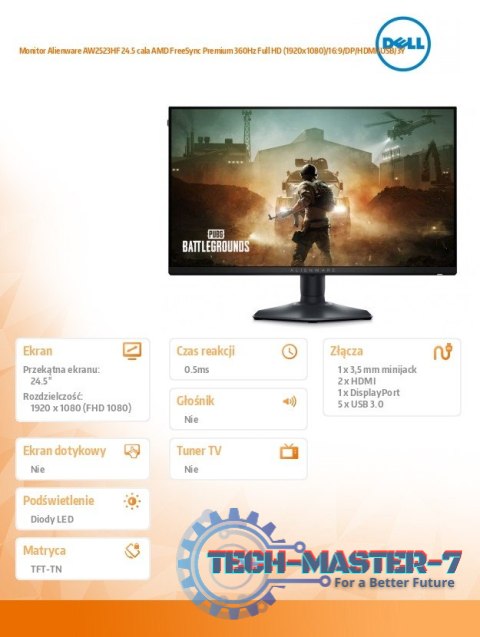 Monitor Alienware AW2523HF 24.5 cala AMD FreeSync Premium 360Hz Full HD (1920x1080)/16:9/DP/HDMI/USB/3Y Monitor Alienware AW2523HF 24.5 cala AMD FreeSync Premium 360Hz Full HD (1920x1080)/16:9/DP/HDMI/USB/3Y
