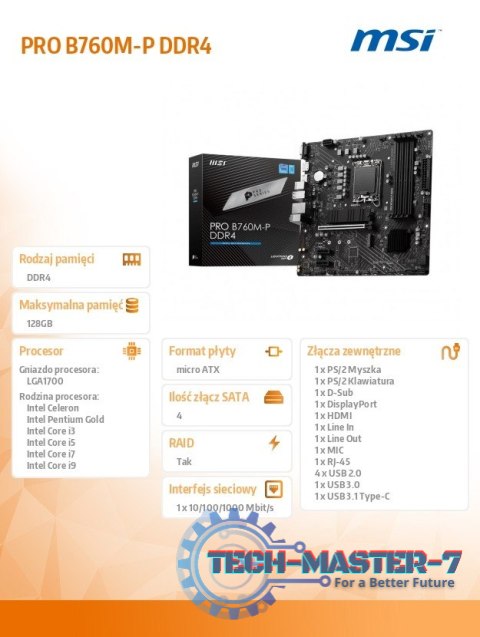 Płyta główna PRO B760M-P DDR4 s1700 4DDR4 DP/HDMI 2M.2 mATX Płyta główna PRO B760M-P DDR4 s1700 4DDR4 DP/HDMI 2M.2 mATX