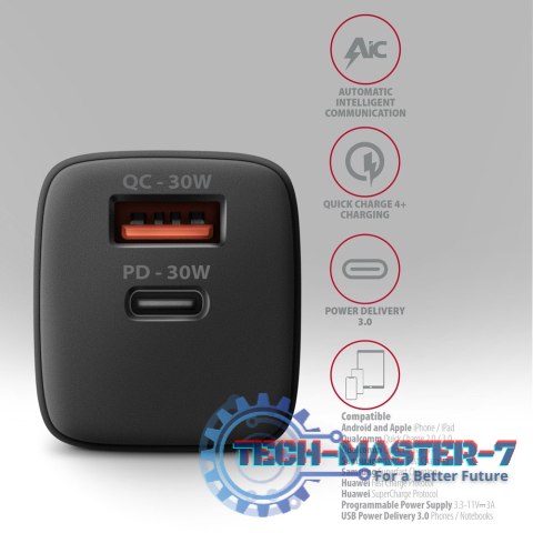ACU-PQ30 Ładowarka sieciowa, PD & QC 30W, QC3.0,4.0/AFC/FCP/PPS/Apple, Czarna ACU-PQ30 Ładowarka sieciowa, PD & QC 30W, QC3.0,4.0/AFC/FCP/PPS/Apple, Czarna