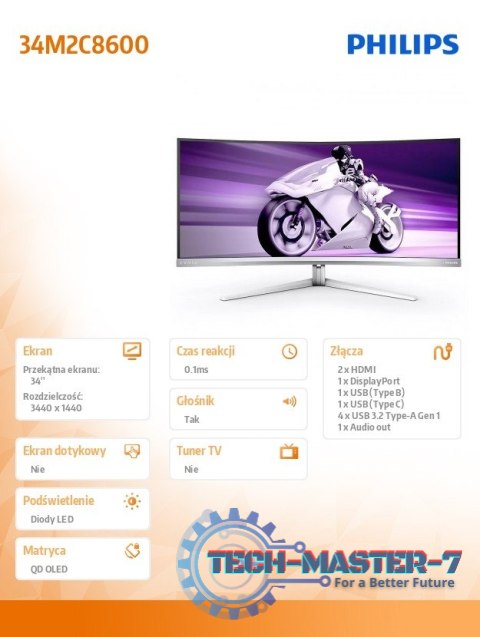 Monitor 34 cale Evnia 34M2C8600 Curved QD OLED 175Hz HDMIx2 DP USB-C HDR HAS Ambiglow Monitor 34 cale Evnia 34M2C8600 Curved QD OLED 175Hz HDMIx2 DP USB-C HDR HAS Ambiglow
