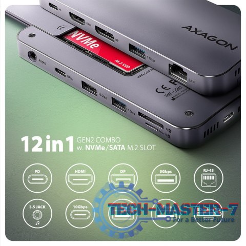 HMC-12GM2 Wieloportowy hub USB 12in1 + M.2 NVMe/SATA pozycja, 10Gbps, 3x USB-A, USB-C, HDMI 4K/60Hz, DP 4K/60Hz, GLAN, SD/microS HMC-12GM2 Wieloportowy hub USB 12in1 + M.2 NVMe/SATA pozycja, 10Gbps, 3x USB-A, USB-C, HDMI 4K/60Hz, DP 4K/60Hz, GLAN, SD/microS