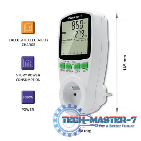Watomierz Licznik zużycia energii PM0627 z historią pomiaru | 3680W | 16A | LCD Watomierz Licznik zużycia energii PM0627 z historią pomiaru | 3680W | 16A | LCD
