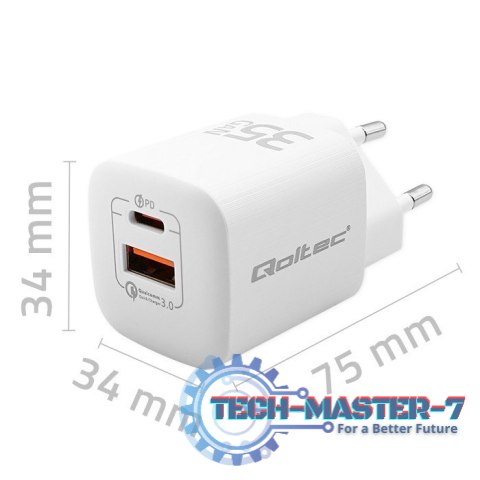 Ładowarka sieciowa 35W GaN ULTRA | 5-20V | 2.25-3A | 1 x USB typ C PD | 1 x USB | Biała Ładowarka sieciowa 35W GaN ULTRA | 5-20V | 2.25-3A | 1 x USB typ C PD | 1 x USB | Biała