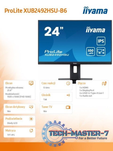 Monitor 23.8 cala XUB2492HSU-B6 IPS,HDMI,DP,100Hz,PIVOT,USB,HAS/150mm Monitor 23.8 cala XUB2492HSU-B6 IPS,HDMI,DP,100Hz,PIVOT,USB,HAS/150mm