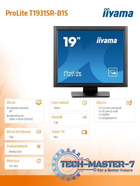 Monitor 19 cali T1931SR-B1S RESIS.IP54,HDMI,DP,VGA,2x1W,5:4 Monitor 19 cali T1931SR-B1S RESIS.IP54,HDMI,DP,VGA,2x1W,5:4