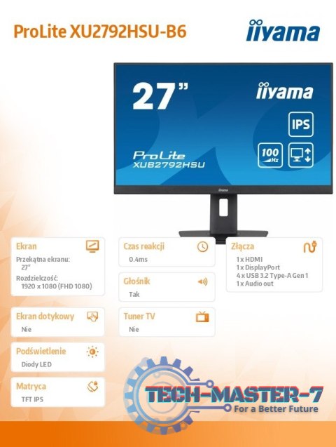 Monitor ProLite XUB2792HSU-B6 27 cali IPS,HDMI,DP,100Hz,SLIM,4xUSB3.2,PIVOT, HAS(150mm),2x2W Monitor ProLite XUB2792HSU-B6 27 cali IPS,HDMI,DP,100Hz,SLIM,4xUSB3.2,PIVOT, HAS(150mm),2x2W