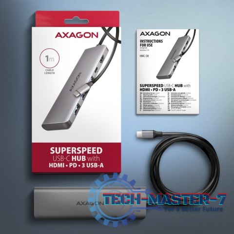 HMC-5H Wieloportowy hub USB 5in1, 5Gbps, 3x USB-A, HDMI 4K/30Hz, PD 100W, 100cm USB-C kabel HMC-5H Wieloportowy hub USB 5in1, 5Gbps, 3x USB-A, HDMI 4K/30Hz, PD 100W, 100cm USB-C kabel