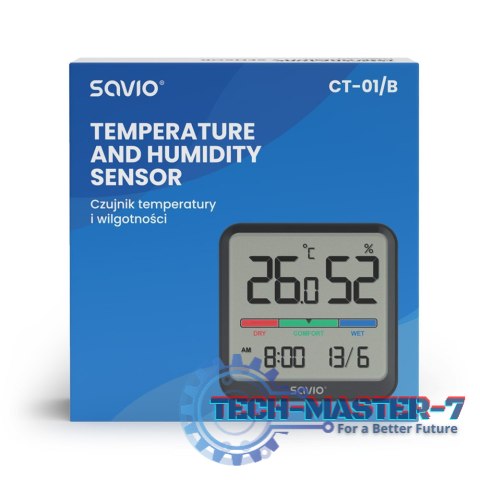 Czujnik temperatury i wilgotności, do użytku wewnętrznego, ekran LCD, zegar, data, uchwyt z magnesem, CT-01/B Czarny Czujnik temperatury i wilgotności, do użytku wewnętrznego, ekran LCD, zegar, data, uchwyt z magnesem, CT-01/B Czarny