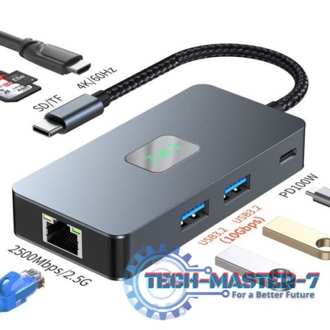 Adapter HUB USB C (7w1) HDMI USB SD/TF RJ45 (2500 Mbps) PD Adapter HUB USB C (7w1) HDMI USB SD/TF RJ45 (2500 Mbps) PD
